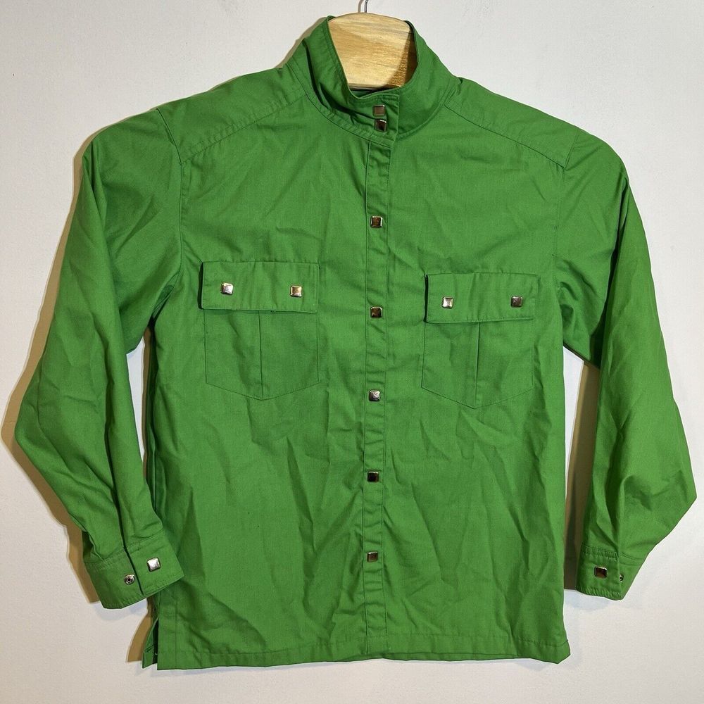 Vintage Obermeyer Women's L Green Square Silver Snap‎ Long Sleeve Western Shirt